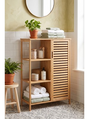 Robin Home Bambu Banyo Dolabı Doğal Ahşap Çok Gözlü Çamaşır ve Havlu Düzenleyici Raf Organizer