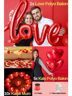 Baloncu Nene Kalpli Balon 5 Adet Kuru Gül 1 Paket Mum Love Yazılı Balon Özel Gün Yıl Dönümü Sevgili