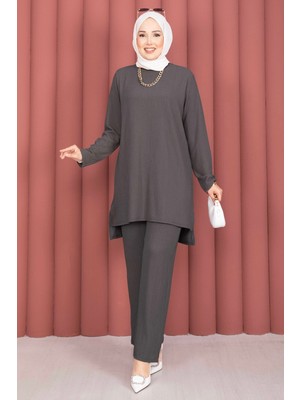 TKM Yanları Yırtmaçlı Tunik Pantolon Takım Füme