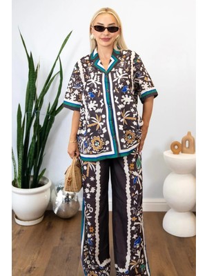 Muna Boutique Desenli Keten Alt Üst Takım
