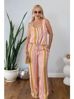 Muna Boutique Renkli Çizgili Bluz Pantolon Takım