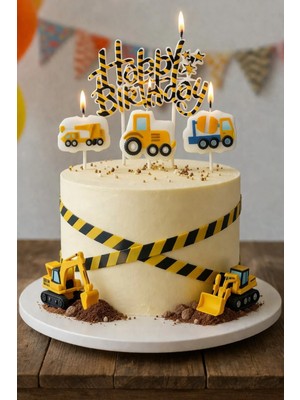 Baloncu Nene Inşaat Temalı Mum Seti Happy Birthday Yazılı Pasta Üstü Iş Makinesi Doğum Günü Süsü Seti