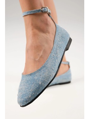 Mio Gusto Wilma Mavi Renk Taşlı Denim Babet