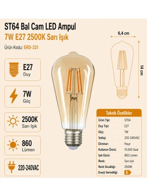 Heka ST64 Bal Cam LED Ampul 7W E27 2500K Sarı Işık ERD-321