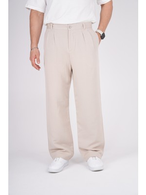 By İmpala Moda Erkek Müslin Keten Kumaş Bel Düğmeli Bol Kesim Baggy Pantolon