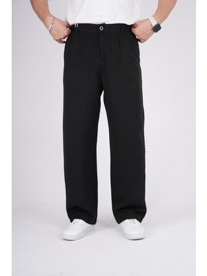 By İmpala Moda Erkek Müslin Keten Kumaş Bel Düğmeli Bol Kesim Baggy Pantolon