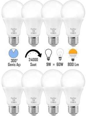 Yake Store Telvesse 8 Adet 9W Beyaz LED E27 Ampul Tasarruflu Lamba 6500 K Beyaz Işık 800 Lümen 9W=60W