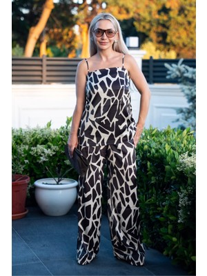 Muna Boutique Desenli Saten Askılı Bluz Bol Paça Pantolon Ikili Takım