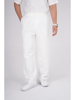 By İmpala Moda Erkek Müslin Keten Kumaş Bel Düğmeli Bol Kesim Baggy Pantolon