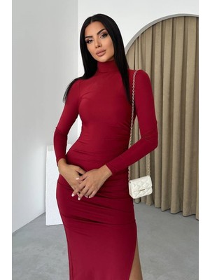 Woman Vision Bordo Sandy Kumaş Yarım Balıkçı Yaka ve Yırtmaç Detaylı Midi Abiye Elbise 302