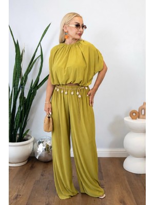 Muna Boutique Beli Lastikli Yarasa Kol Bluz Pantolon Ikili Takım – Yeşil