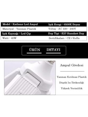 Yake Store Pervane LED Ampul 3 Kollu Katlanabilir Cata 42W 6400K Beyaz Işık Yaprak LED Ampul