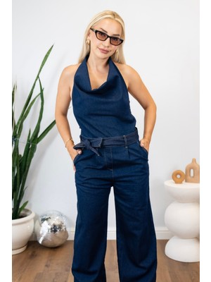Muna Boutique Denim Halter Yaka Kemerli Bol Paça Kadın - Lacivert