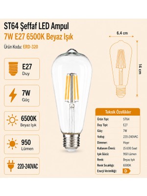 Heka ST64 Şeffaf Cam LED Ampul 7W E27 6500K Beyaz Işık ERD-320
