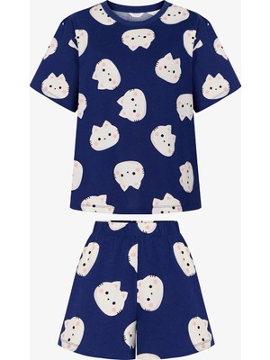 Penti Lacivert Happy Cats Şort Pijama Takımı