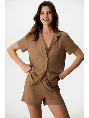 Penti Kahverengi Hera Fitilli Gömlek Kısa Kollu Şort Pijama Takımı
