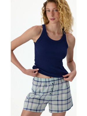 Penti Lacivert Mira Checked Ekoseli Şort Pijama Takımı