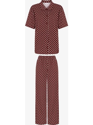 Penti Kahverengi Puantiyeli Kısa Kollu Gömlek Pantolon Pijama Takımı