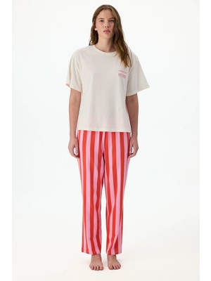 Penti Mercan Rengi Lazy Çizgili Kısa Kollu Pantolon Pijama Takımı
