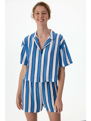Penti Mavi Vacation Striped  Gömlek Şort Pijama Takımı