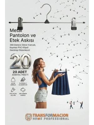 TransForMacion Premium Metal Pantolon ve Etek Askısı 20'li Set - Ayarlanabilir Kaymaz Klipsli 40cm Organizer 720518