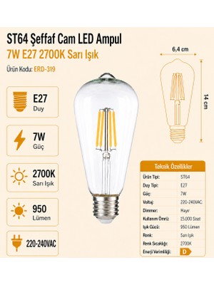 Heka ST64 Şeffaf Cam LED Ampul 7W E27 2700K Sarı Işık ERD-319