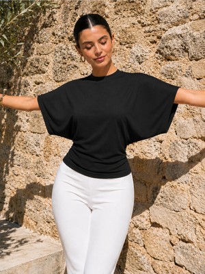 El Moda Kadın Yarasa Kol Belden Oturmalı Bluz