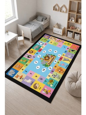 Sonictouch Çocuk Oyun Halısı Türkçe Eğitici Hayvanlar Alfabeli Halı Kaymaz Dijital Baskı 70X120CM