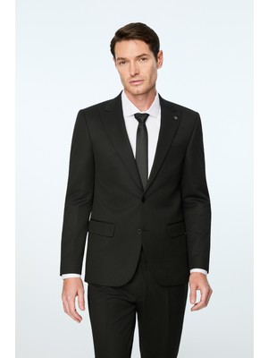 Morven  Erkek Siyah Poliviskon Basic Düz Slim Fit Sivri Yaka Takım Elbise