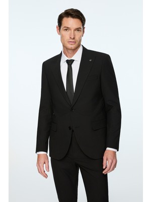 Morven  Erkek Siyah Poliviskon Basic Düz Slim Fit Sivri Yaka Takım Elbise