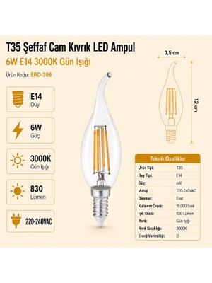 Heka T35 Şeffaf Cam Kıvrık LED Ampul 6W E14 3000K Gün Işığı ERD-309