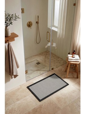 Koza Halı Fresco Ekru Siyah İskandinav Jüt Yıkanabilir Bordürlü Halı Kilim Balkon Teras Mutfak Halısı 23745A, 50 x 80
