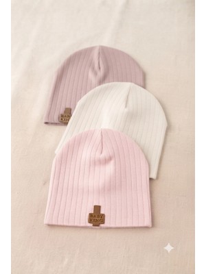 Vavbaby Organik Pamuklu, Yumuşak Dokulu, Ribanalı Düz Model 3’lü Set Unisex Bebek Şapkası (Pembe-Beyaz-Gül Kurusu)