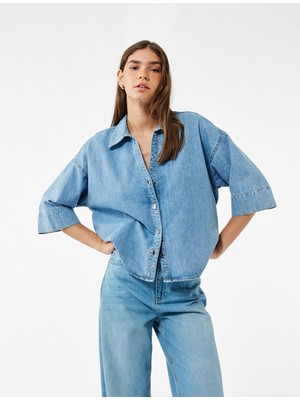 Koton Oversize V Yaka Pamuklu Yarım Kollu Jean Gömlek