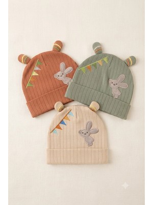 Vavbaby Organik Pamuklu, Yumuşak Dokulu, Ribanalı Tavşan Model 3’lü Set Unisex Bebek Şapkası (Kiremit-Yeşil-Krem)