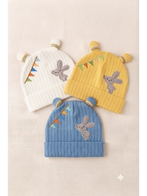 Vavbaby Organik Pamuklu, Yumuşak Dokulu, Ribanalı Tavşan Model 3’lü Set Unisex Bebek Şapkası (Beyaz-Sarı-Mavi)