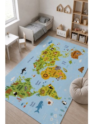 Sonictouch Çocuk Oyun Halısı Ingilizce Eğitici Dünya Haritası ve Hayvanlar 70X120CM Isme Kişiye Özel