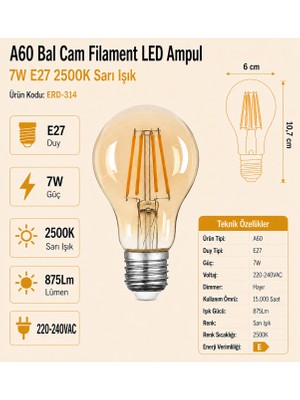 Heka A60 Bal Cam Filament LED Ampul 7W E27 2500K Sarı Işık ERD-314