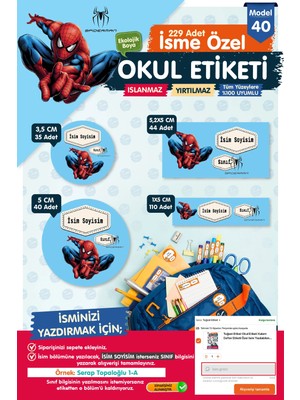 Tuğset Etiket Okul Etiketi Spider Man Örümcek Adam Kalem Defter Etiketi Özel Isim Yazılabilen Etiket Seti - Isim ETIKETI-T568-OE40