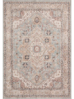 Akbel Halı Elista Vintage ELS 204 Blue Bej Vintage Bukle Dokuma Yumuşak Halı Kaymaz Tabanlı Yıkanabilir İnce Modern Dekoratif Halı