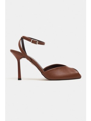Nişantaşı Shoes Velora Taba Mat Kare Burun Önü Açık Bilek Bağlı Ince Topuklu Kadın Ayakkabı