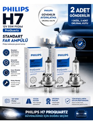 Philips H7 Proquartz Far Ampulü 12V 55W PX26D Orijinal Standart Halojen Far Ampulü 2 Adet (2 Ayrı Kutu)
