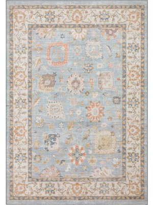 Akbel Halı Elista Vintage ELS 203 Blue Bej Vintage Bukle Dokuma Yumuşak Halı Kaymaz Tabanlı Yıkanabilir İnce Modern Dekoratif Halı