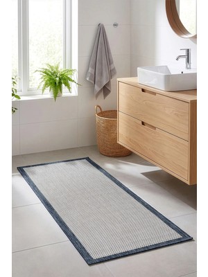 Koza Halı Fresco Ekru Lacivert İskandinav Jüt Yıkanabilir Bordür Halı Kilim Balkon Teras Mutfak Halısı 23745A, 80 x 150