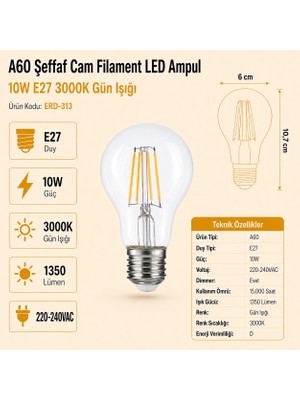 Heka A60 Şeffaf Cam Filament LED Ampul 10W E27 3000K Gün Işığı ERD-313