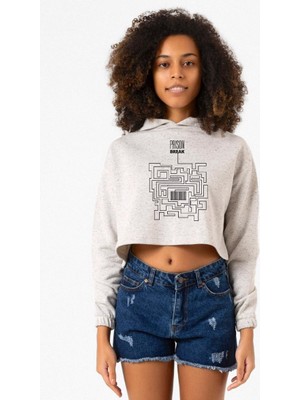 Tshirthane Prison Break Labyrinth Beyaz Kırçıllı Kadın Crop Kapşonlu