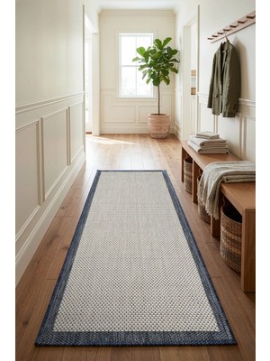 Koza Halı Fresco Ekru Lacivert İskandinav Jüt Yıkanabilir Bordür Halı Kilim Balkon Teras Mutfak Halısı 23745A, 80 x 200