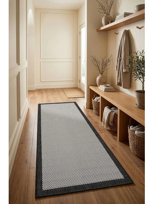 Koza Halı Fresco Ekru Siyah İskandinav Jüt Yıkanabilir Bordürlü Halı Kilim Balkon Teras Mutfak Halısı 23745A, 80 x 200