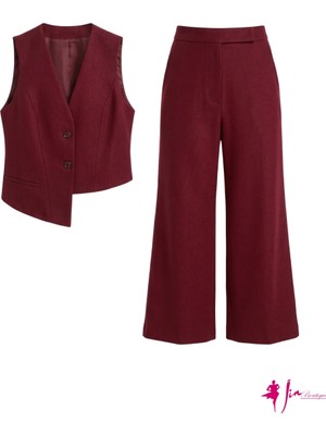 Bordo Asimetrik Kesim Kruvaze Yelek & Bol Paça Pantolon Takım