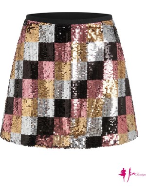 Rose Gold ve Siyah Pullu Kare Desenli Mini Etek
